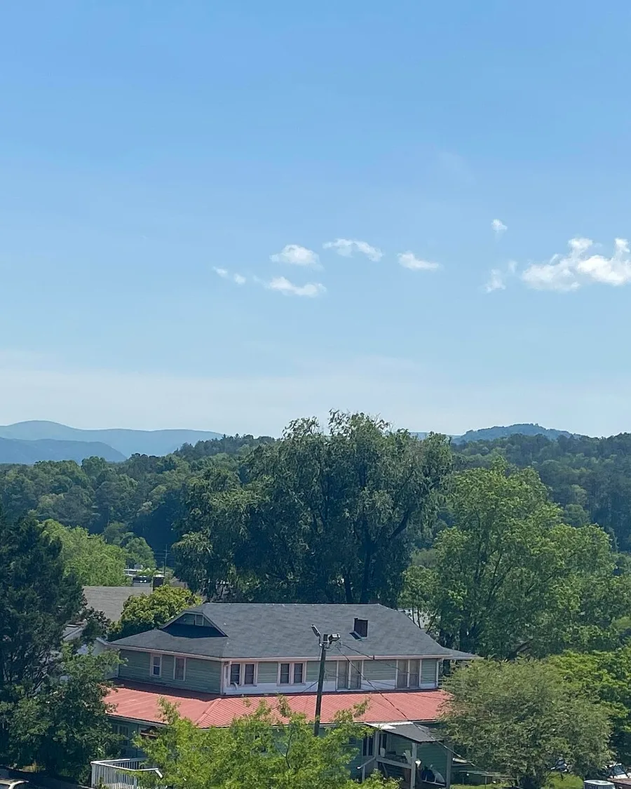 Rooftops of downtown Ellijay with the Blue Ridge mountains rising behind the town