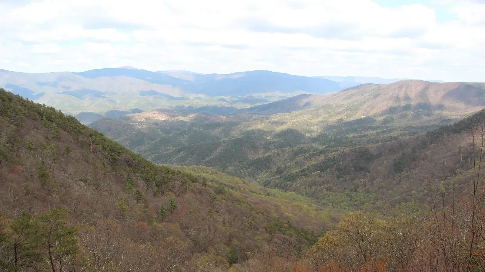 Wooded ridges and a broad valley seen from the Cool Springs overlook at Fort Mountain State Park, Georgia