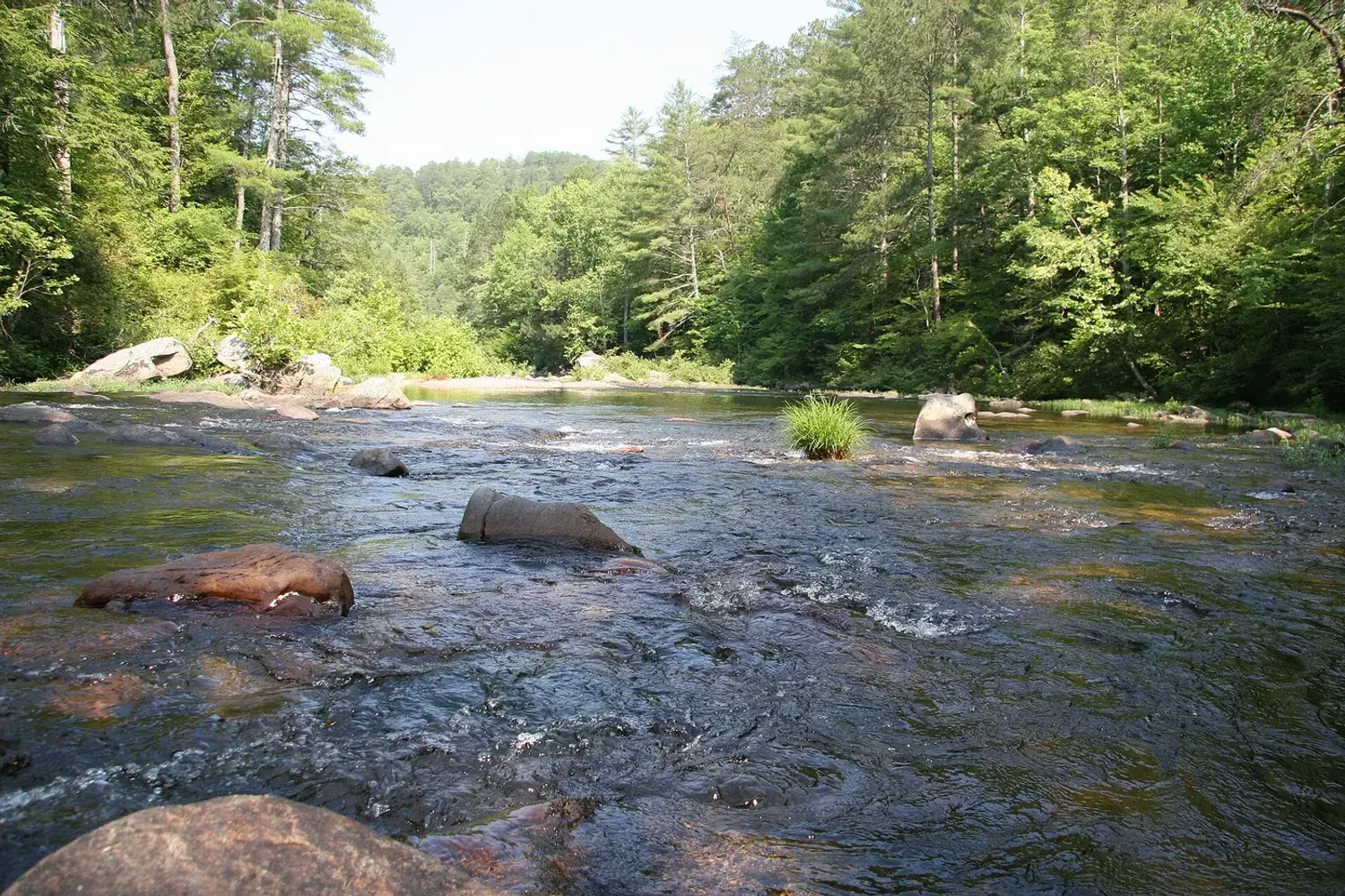 Clear water running over boulders and shoals on the Conasauga River in north Georgia